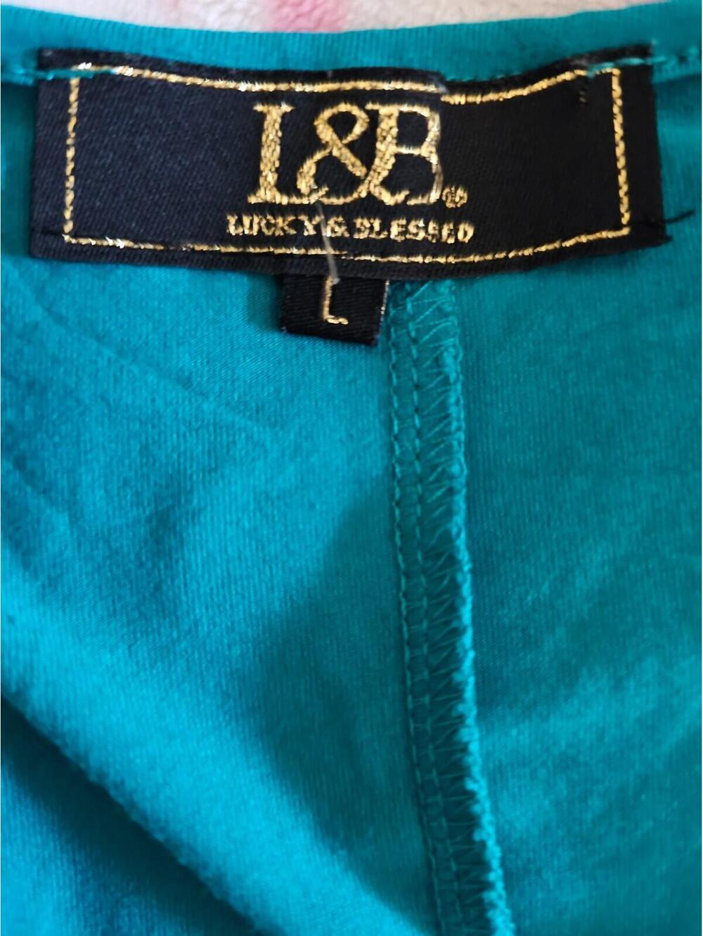 Women's L&B Lucky & Blessed Blouse Top Short Sleeve Size Large Teal Round Neck - Picture 2 of 10